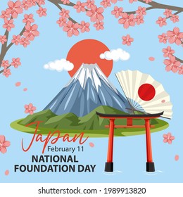 Japan's National Foundation Day banner with Mount Fuji and Torii gate illustration