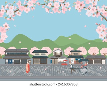 Ilustración vectorial del viejo paisaje de Japón.
paisaje primaveral con flores de cerezo en flor.
En japonés se escribe "inn" "Warabimochi" "Sweets shop" "Handmade soba" "restaurant".