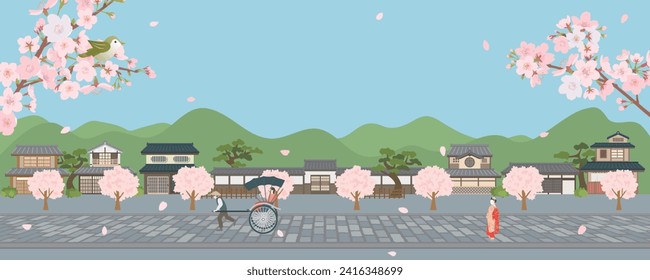 Ilustración vectorial del viejo paisaje de Japón.
paisaje primaveral con flores de cerezo en flor.