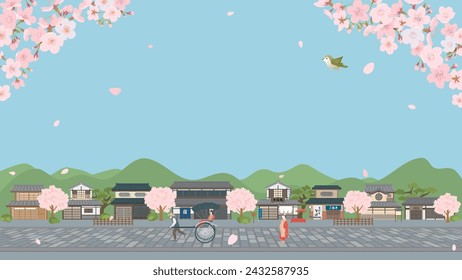 Vektor-Illustration der alten japanischen Stadt.
Frühlingslandschaft mit blühenden Kirschblüten.
Auf Japanisch ist es geschrieben "Gasthaus" "Warabimochi" "Süßigkeiten-Shop" "Handgemachte Soba" "Restaurant".