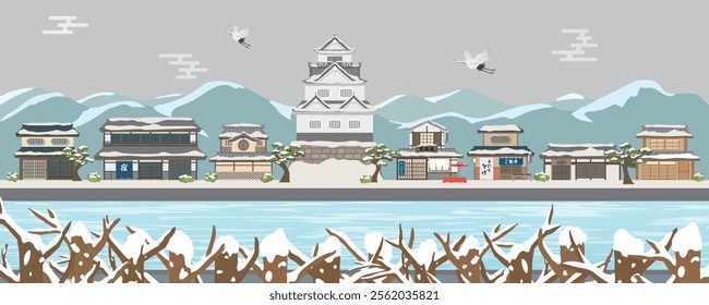 Japan's old townscape vector illustration. Winter scenery.
In Japanese it is written "inn" "Warabimochi" "Sweets shop" "Handmade soba" "restaurant".