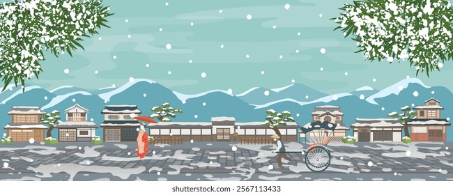 Japan's old townscape vector illustration. Winter scenery.