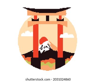 japan's torii gate and fuji mountain in pixel art icon 