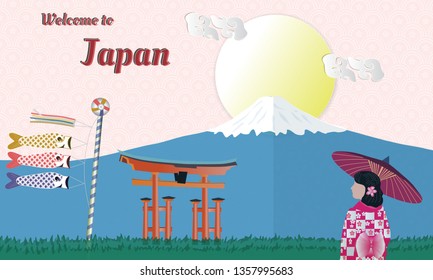 Japan's world-famous landmark scenery with Mount Fuji and pagodas, postcards, travel posters, advertising tours, paper cutting style Vector illustration image - vector