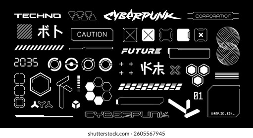 Japanse Cyberpunk Futuristic elements with text collection set 1.  HUD Cybepunk style with  typography for clothing print and interface design