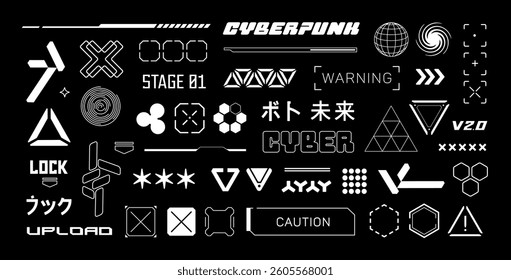 Japanse Cyberpunk Futuristic elements with text collection set 2.  HUD Cybepunk style with  typography for clothing print and interface design
