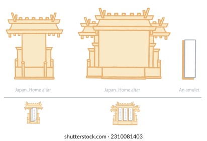 Japón,Ilustración vectorial de un altar Shinto doméstico y un amuleto