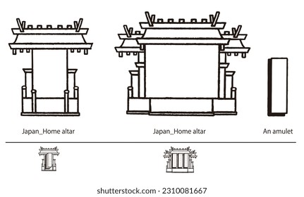 Japan,Vector illustration of a household Shinto altar and an amulet