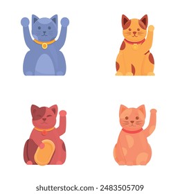 Japenese cat icons set cartoon vector. Various cat maneki neko with raised paw. Asian figurine for good luck