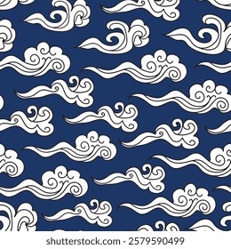 Japenese culture seamless repeat pattern. Hand drawn, vector asian art clouds aop, all over surface print on dark blue background.