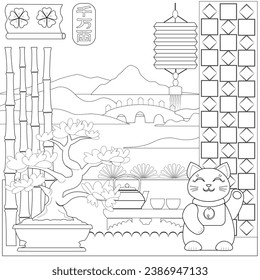 Japenese elements with bonsai tree, lucky cat, tea pot and cups, labdscape with bridge for coloring book page. Vector illustration.