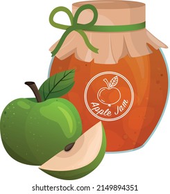 Jar with apple jam. Homemade apple jam in a glass jar. Vector flat cartoon illustration. White background, isolated. Vector illustration