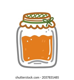 Jar with apricot jam isolated on white background. Hand-drawn vector illustration in cartoon doodle style. Perfect for cards, logo, autumn and holiday designs, decorations.