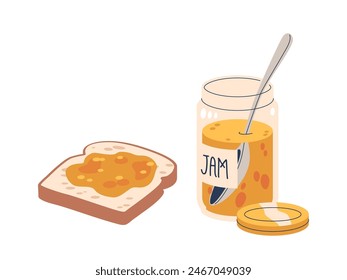 Jar Of Apricot Jam With A Spoon And A Slice Of Bread With Jam Isolated On White Background, Vector Illustration