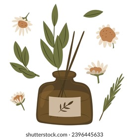 A jar with aromatic liquid, sticks and a plant branch. Perfumed air freshener for home. A piece of interior. Vector illustration isolated on white background.