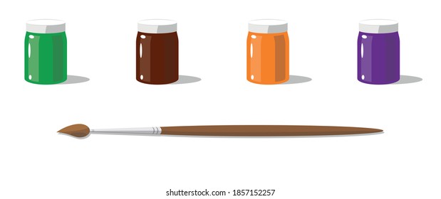 A jar of artistic paint. Various paints. Artistic brush.
