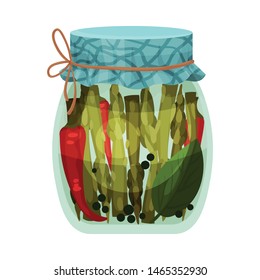 Jar of asparagus and pepper. Vector illustration on white background.