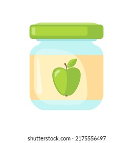 Jar of baby food with apple puree vector icon in flat style isolated on white background.