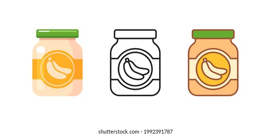 Jar of baby food with banana puree. Set of kids nutrition icons. Vector flat and outline illustrations isolated on white background