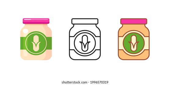Jar of baby food with corn puree. Set of kids nutrition icons. Vector flat and outline illustrations isolated on white background