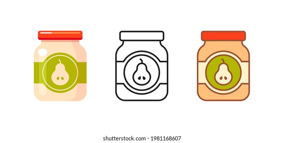 Jar of baby food with pear puree. Set of kids nutrition icons. Vector flat and outline illustrations isolated on white background