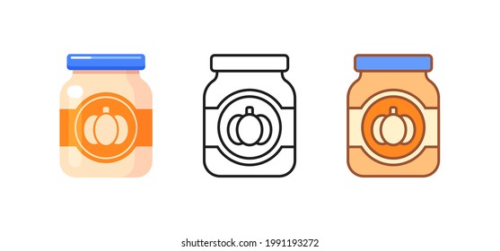 Jar of baby food with pumpkin puree. Set of kids nutrition icons. Vector flat and outline illustrations isolated on white background