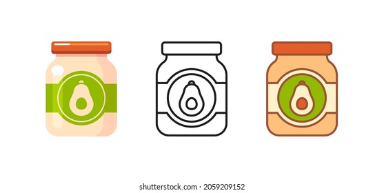 Jar of baby's meals with avocado puree. Set of kids nutrition icons. Vector flat and outline illustrations isolated on white background