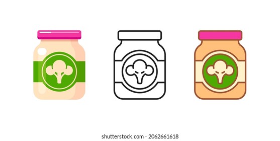 Jar of baby's meals with broccoli puree. Set of kids nutrition icons. Vector flat and outline illustrations isolated on white background