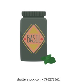 Jar of basil spice herb, element for restaurant or kitchen menu design, cartoon vector Illustration