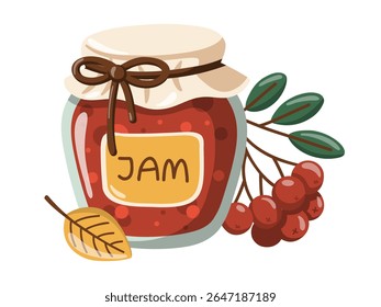 Pote de geleia de baga, cinza de montanha e folhas de outono. Conservas de bagas e bagas de floresta. Ilustração de vetor de desenhos animados do outono 