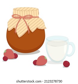 a jar of berry jam with a mug of cold milk