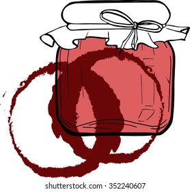 Jar of berry jam on white background with dark red circles. Cartoon sketch drawn by ink. Hand drawn vector illustration.