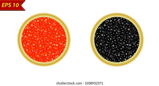 A jar of black caviar and red caviar in a vector on a white background.Black sturgeon and red salmon caviar in vector.