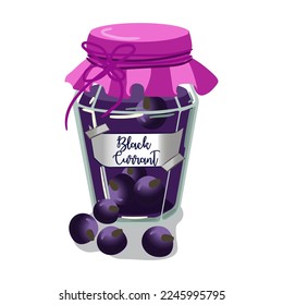 Jar of black currant jam cute vector illustration. Vintage glass container with jelly and berry label. Cute vector illustration for printing on textiles and paper