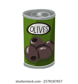 Jar of Black Olives. Pickled black olives in a sealed iron jar. Cooking, appetizer. Olives in marinade liquid. Isolated illustration in a flat style. A sticker for the menu, a list of ingredients