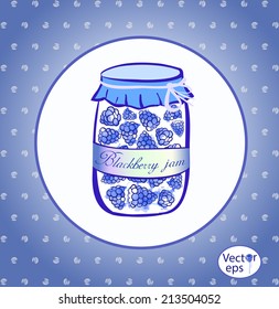 Jar of blackberry jam. Delicious fresh homemade food. Colorful vector illustration.