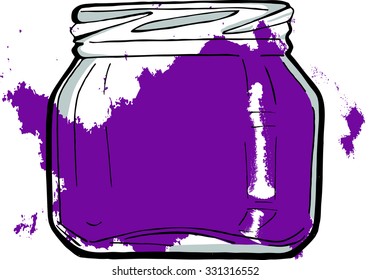Jar of blackberry jam drawn by ink. Sketch mason jar. Hand drawn vector illustration.