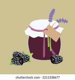 Jar of blackberry jam. Natural organic homemade forest blackberry jam in glass jar with tag and paper cover