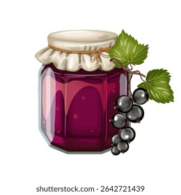Jar of blackcurrant jam. Hand drawn, isolate on white background, clip art, vector illustration.