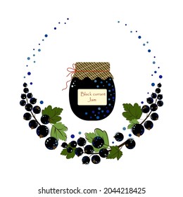 Jar of Blackcurrant Jam. Homemade Jam from Fresh Berries. Flat style Vector Illustration isolated on white Background.