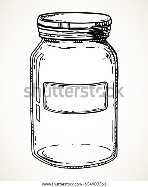 Jar with blank\
label. Vector hand drawn vintage illustration. Contour sketch in\
black isolated over white.
