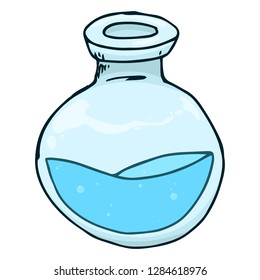 Jar with blue liquid and bubbles hand drawn. Vector illustration of a jar.  