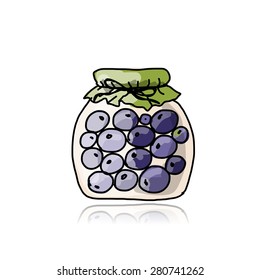 Jar with blueberry jam, sketch for your design. Vector illustration