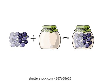 Jar with blueberry jam, sketch for your design. Vector illustration