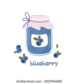 Jar of blueberry jam. Blueberry. Sweet goods collection design elements. Homemade candy making, marmalade, confiture preserve in cartoon style.