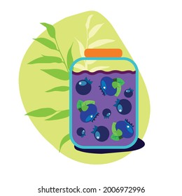 A jar of blueberry jam with traced blueberries. Yellow background with shadow and leaves. Flat style, vector