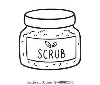 Jar of body scrub line drawing minimal black ink sketch shows labeled glass jar with grain texture, screw lid, spa vibe, clean aesthetic, perfect for product mockup, packaging and branding