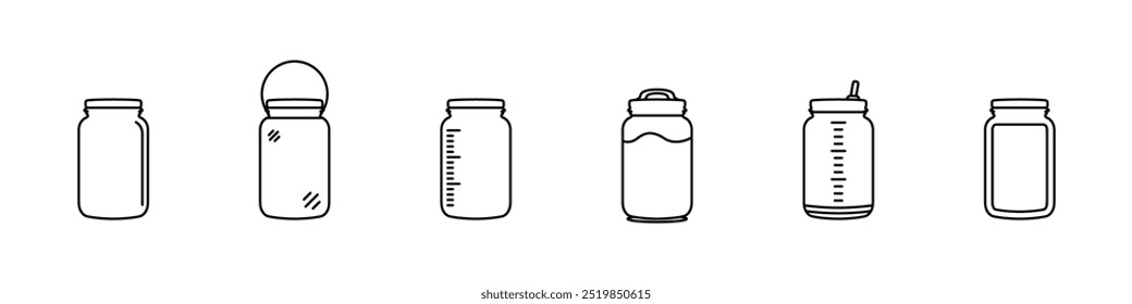 Conjunto de Vector de icono lineal de botella de tarro. Icono de contorno simple de la taza de medición. Vector de tarro de cristal. Tarro para especias. Ilustración vectorial.