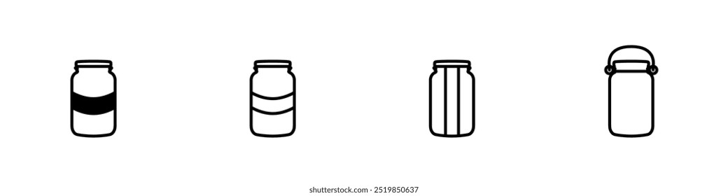 Conjunto de Vector de icono lineal de botella de tarro. Icono de contorno simple de la taza de medición. Vector de tarro de cristal. Tarro para especias. Ilustración vectorial.