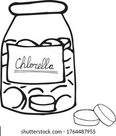 jar bottle and pills chlorella hand drawn in doodle style. single element for design. super food, algae, pharmacy, medicine